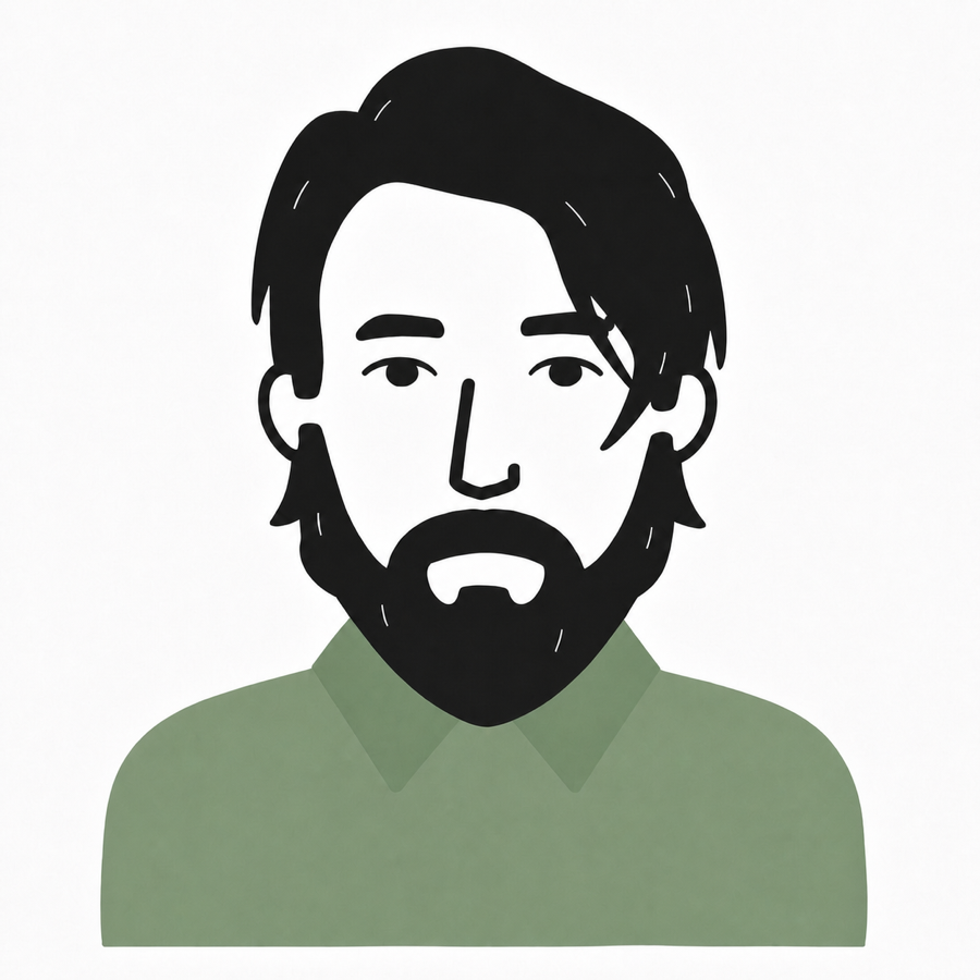 Illustrated portrait of Tom Sage wearing a sage-green shirt